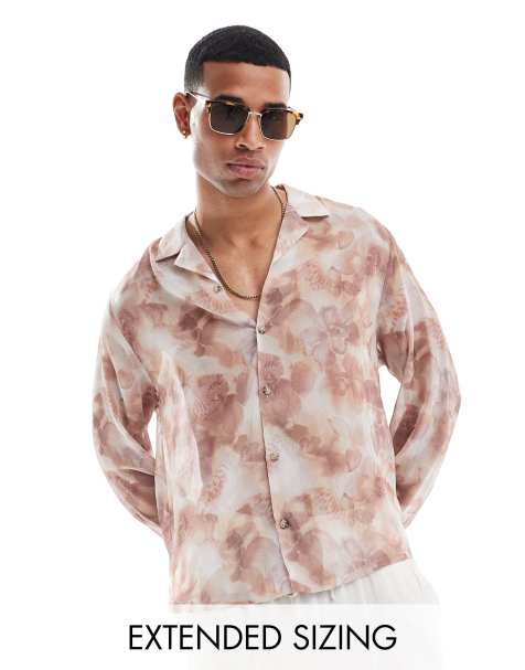 ASOS DESIGN - Chemise carrée décontractée à imprimé fleurs photographique et col à revers - Neutre - view 1