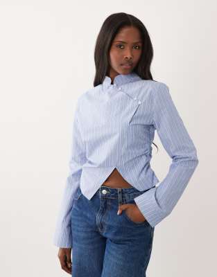 Chemise cintrée à col Mao et rayures - Bleu-Multicolore 36