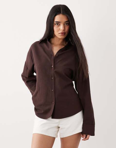 ASOS DESIGN - Chemise cintrée à l'arrière en lin mélangé - Chocolat - view 1