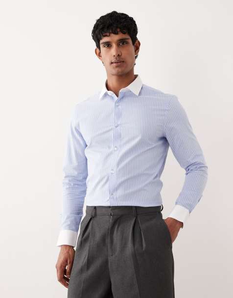 ASOS DESIGN - Chemise cintrée en popeline rayée avec col contrastant - Bleu - view 1