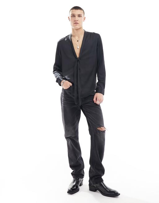 ASOS DESIGN - Chemise classique à col châle profond en satin avec nœud à l'encolure - Noir, 2 de 4