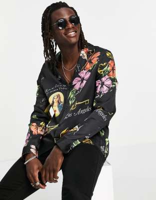 ASOS DESIGN regular shirt in satin black floral with deep revere - ASOS Price Checker