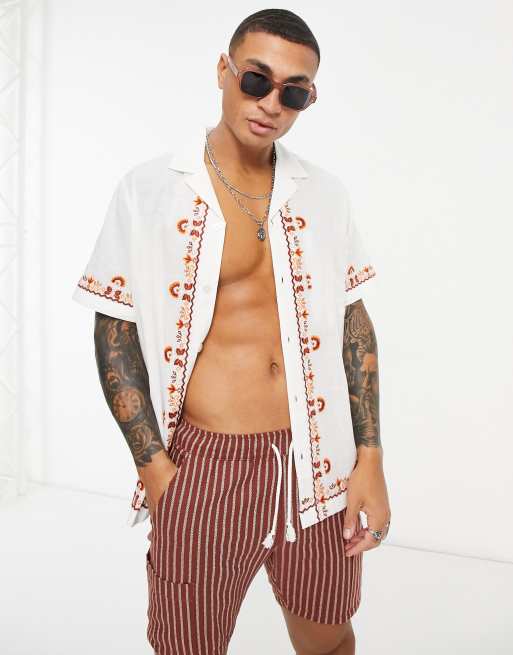 ASOS DESIGN - Chemise classique avec col à revers et broderies en coton flammé - Blanc, 3 de 4