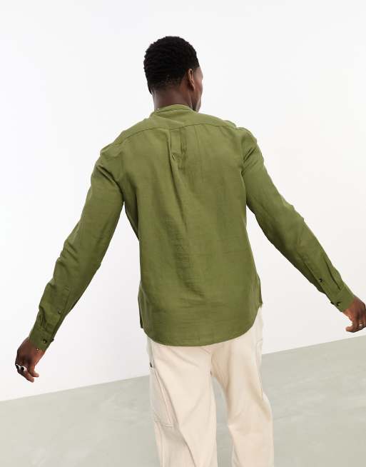 ASOS DESIGN - Chemise classique en lin avec col mao - Vert kaki, 3 de 4