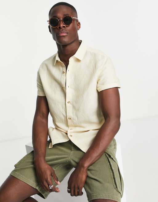 ASOS DESIGN - Chemise classique en lin avec manches à revers - Jaune