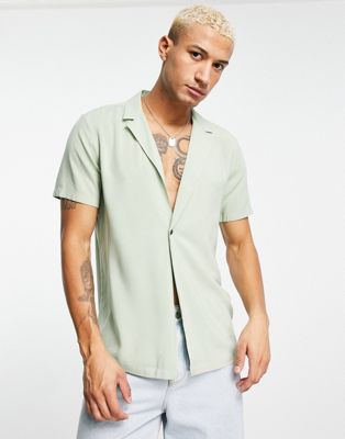Chemises à manches courtes Chemise classique en viscose avec col à revers - Vert sauge