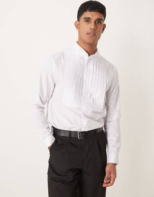 ASOS DESIGN - Chemise classique habillée avec col cassé et plastron plissé devant - Blanc