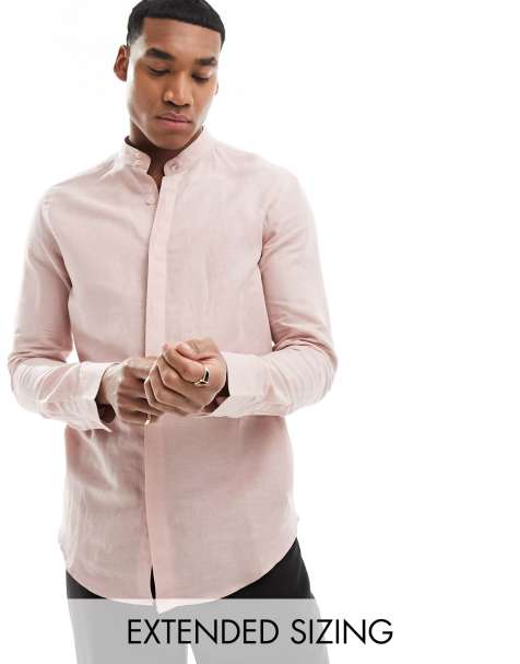 ASOS DESIGN - Chemise classique habillée en lin avec col grand-père échancré - Vieux rose - view 1