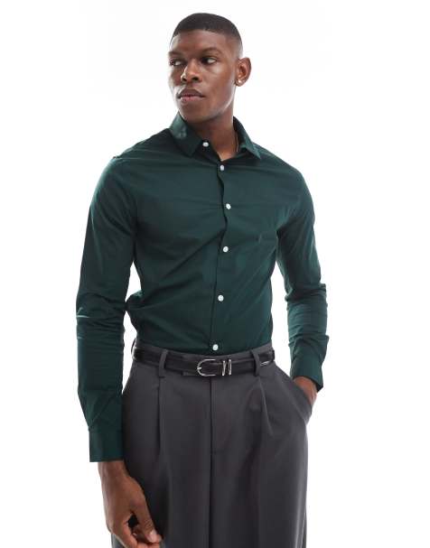 ASOS DESIGN - Chemise coupe ajustée en popeline - Vert foncé - view 1