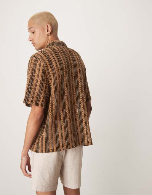 ASOS DESIGN - Chemise coupe carrée à rayures en maille au crochet avec col à revers profonds - Marron, 4 de 4