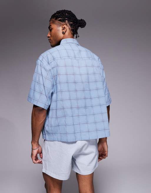 ASOS DESIGN - Chemise coupe carrée avec col à revers et imprimé carreaux - Bleu, 2 de 4