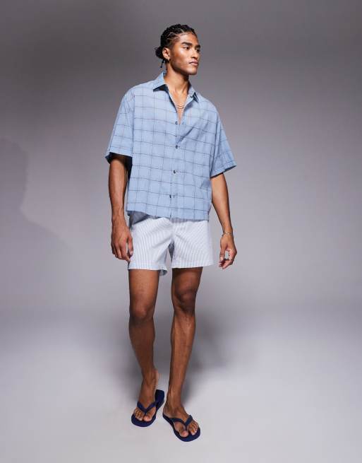 ASOS DESIGN - Chemise coupe carrée avec col à revers et imprimé carreaux - Bleu, 3 de 4