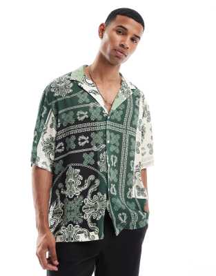ASOS DESIGN boxy oversized shirt in green paisley bandana print  - ASOS Price Checker