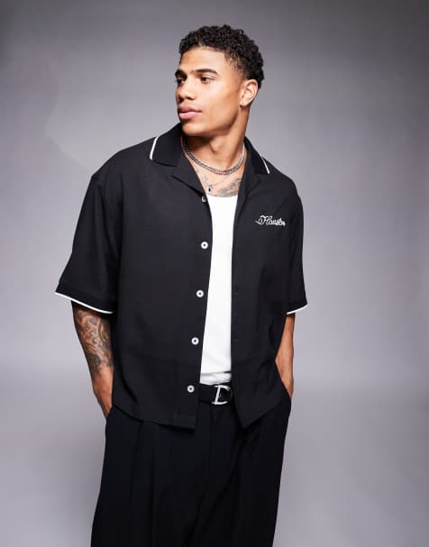 ASOS DESIGN - Chemise coupe carrée oversize avec col à revers et broderie chainette sur la poitrine - Noir - view 1