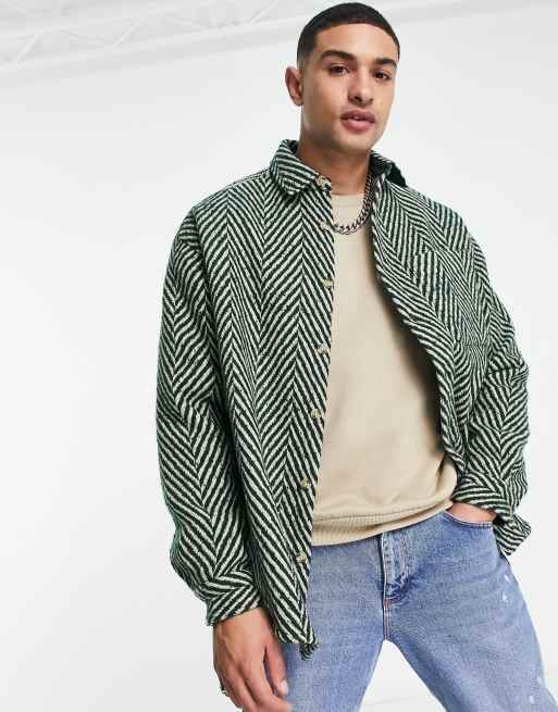 ASOS DESIGN - Chemise coupe carrée oversize en laine mélangée - Vert à chevrons