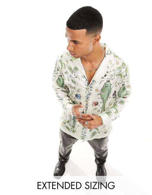 ASOS DESIGN - Chemise coupe décontractée satinée avec col à revers et imprimés oiseaux placés