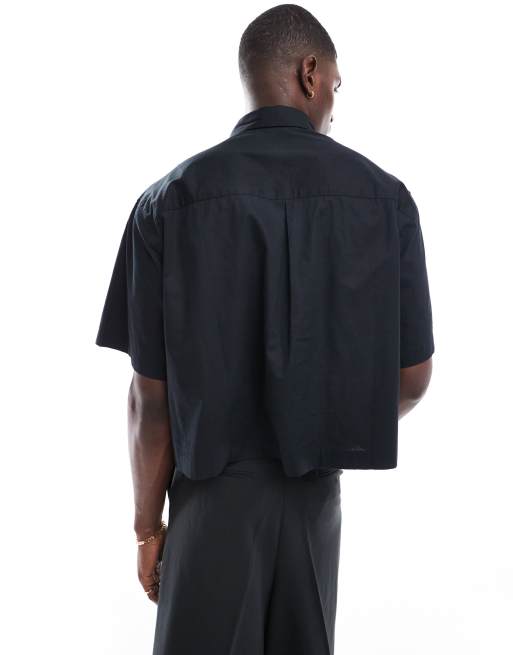 ASOS DESIGN - Chemise courte carrée en popeline style années 70 avec col - Noir , 3 de 4