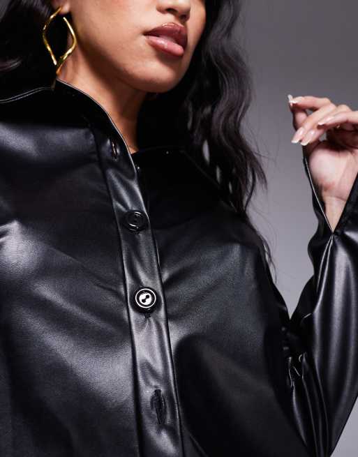 ASOS DESIGN - Chemise courte coupe carrée d'ensemble en imitation cuir à manches longues - Noir, 4 de 4