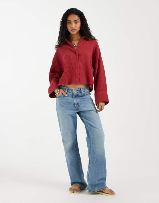 ASOS DESIGN chemise courte en coton texturé bordeaux, 2 de 4