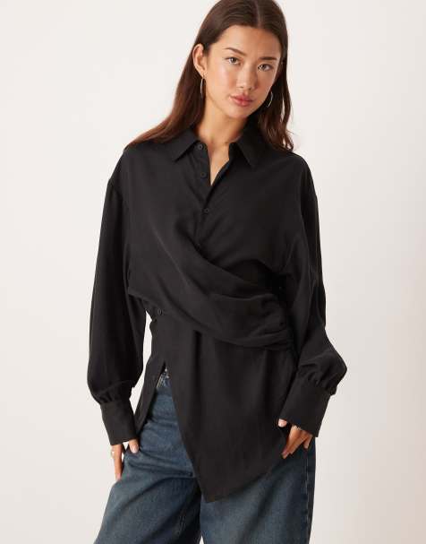 ASOS DESIGN - Chemise croisée cintrée à la taille - Noir délavé - view 1