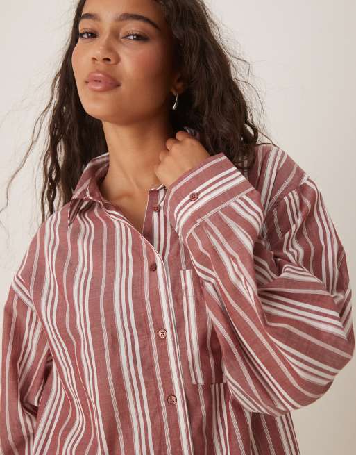 ASOS DESIGN - Chemise de pyjama légère à manches longues et rayures - Rouge et blanc, 2 de 4