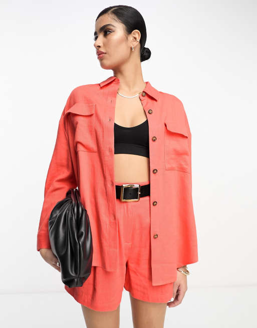 Tunique Denim & Co. En Lin Mélangé Corail - Taille XL, Manches Longues, Boutonnage Devant, Neuf Sans étiquettes