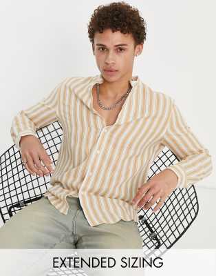 ASOS DESIGN - Chemise de travail classique en lin à rayures avec col grand-père - Fauve