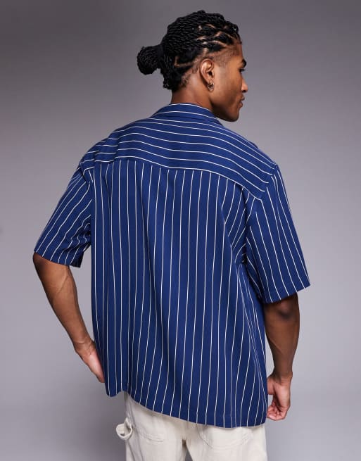 ASOS DESIGN - Chemise décontractée à fines rayures avec col à revers - Bleu marine, 3 de 5