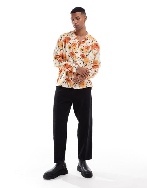 ASOS DESIGN - Chemise décontractée à imprimé fleurs retro et col à revers - Orange , 4 de 4