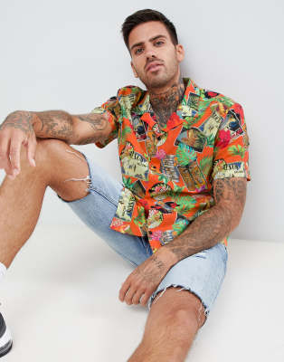 ASOS DESIGN - Chemise décontractée à imprimé tropical carte postale avec col à revers - Rouge