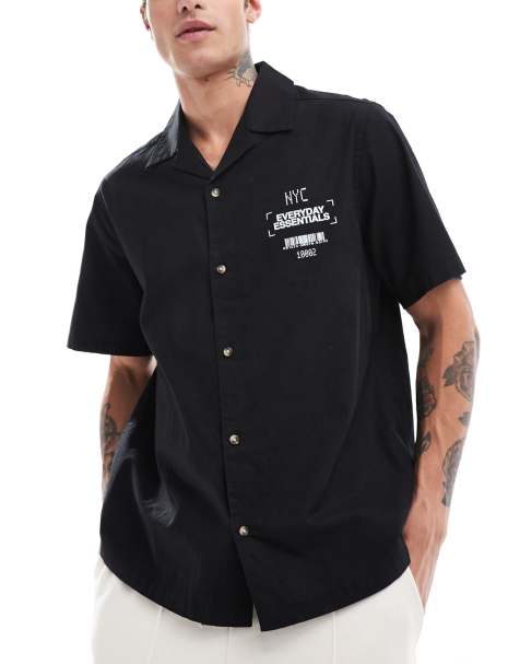ASOS DESIGN - Chemise décontractée à revers avec imprimé sur la poitrine - Noir - view 1