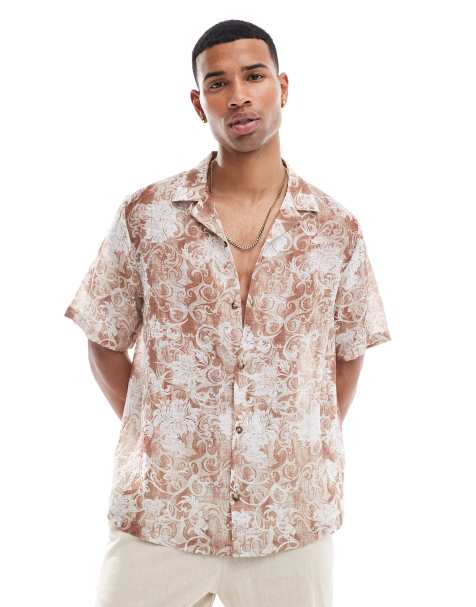 ASOS DESIGN - Chemise décontractée avec col à revers et imprimé fleurs baroque - Neutre - view 1