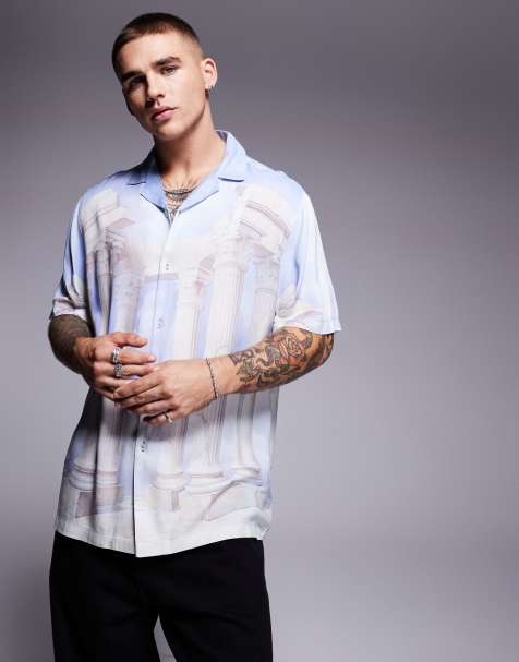 ASOS DESIGN - Chemise décontractée avec col à revers et imprimé placé - Bleu/blanc - view 1