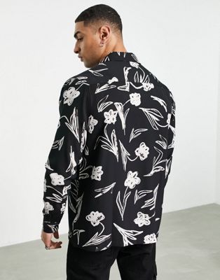 Homme Chemise décontractée avec col à revers et motif fleurs façon dessin - Noir et blanc