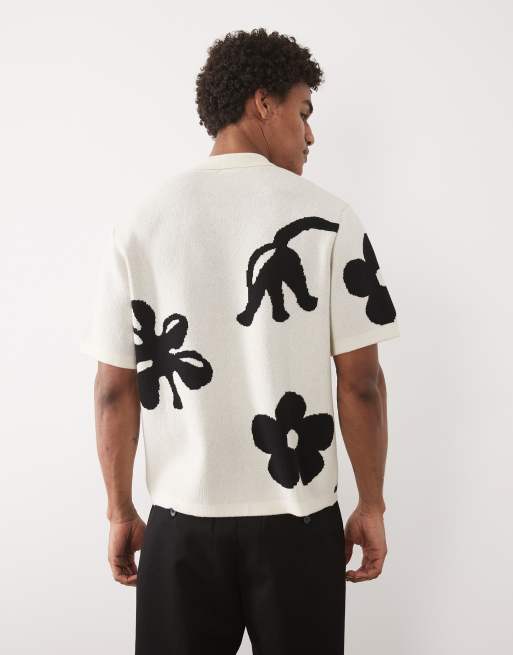 ASOS DESIGN - Chemise décontractée boutonnée en maille avec col à revers et imprimé fleurs sur l'ensemble - Écru et noir, 5 de 5