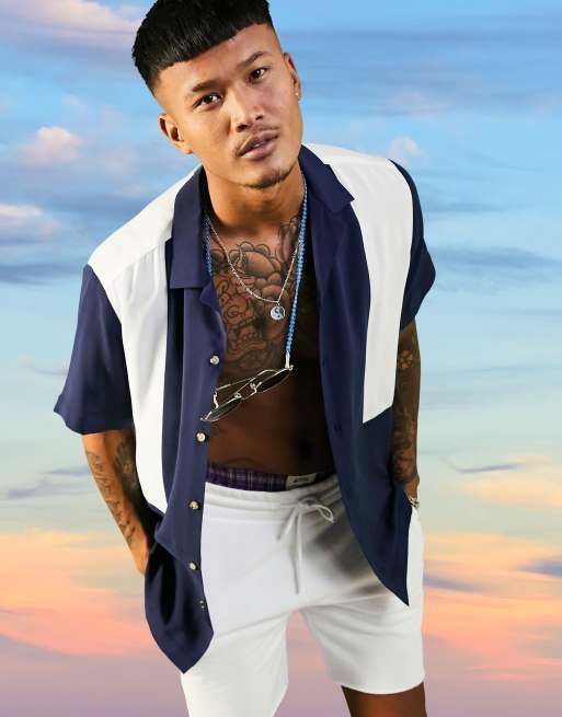 ASOS DESIGN - Chemise décontractée color block en viscose - Bleu marine et blanc