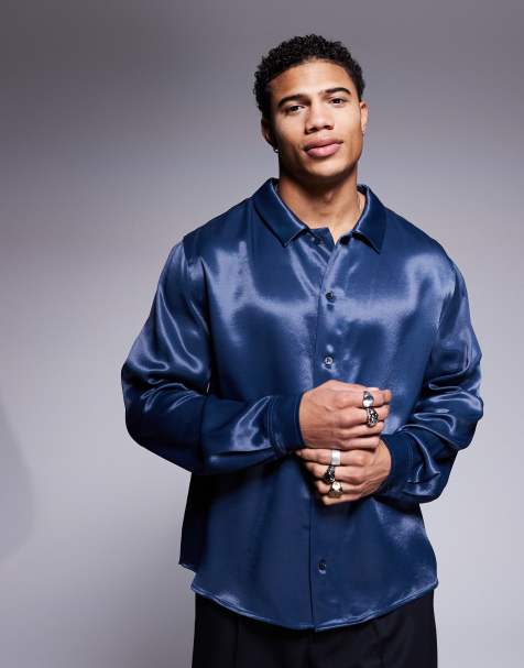 ASOS DESIGN - Chemise décontractée coupe carrée en satin - Bleu marine - view 1