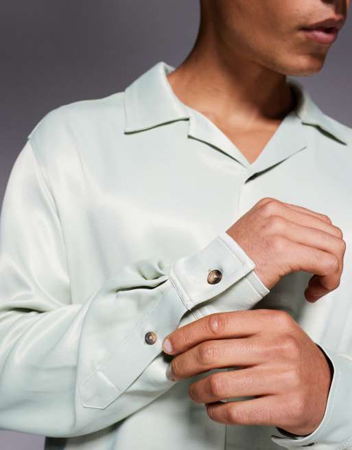 ASOS DESIGN - Chemise décontractée effet satiné avec col à revers - Vert sauge, 5 de 5