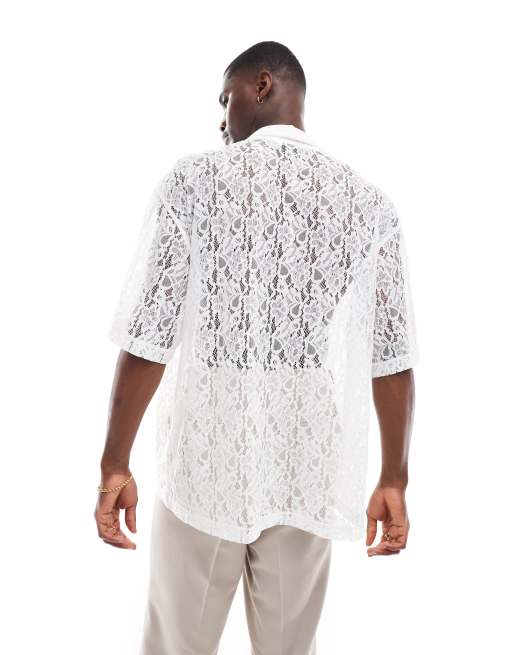 ASOS DESIGN - Chemise décontractée en dentelle avec col à revers et encolure profonde - Blanc, 3 de 4