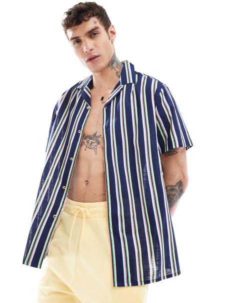 ASOS DESIGN - Chemise décontractée en lin à rayures avec col à revers - Bleu - view 1