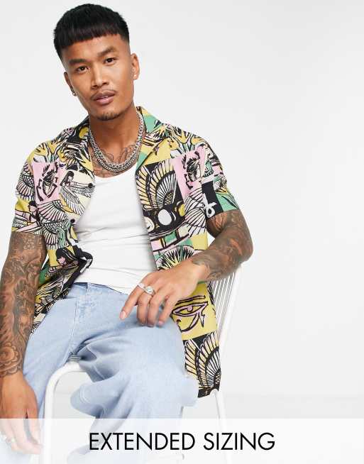 ASOS DESIGN - Chemise décontractée en lin avec col à revers et imprimé symboles en patchwork