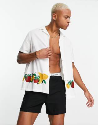 ASOS DESIGN relaxed revere linen mix shirt with fruit embroidered border - ASOS Price Checker