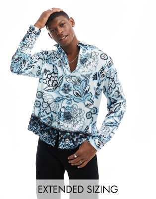 ASOS DESIGN relaxed satin shirt in blue floral border print - ASOS Price Checker