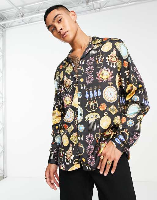 ASOS DESIGN - Chemise décontractée en satin avec col à revers et imprimé bijoux