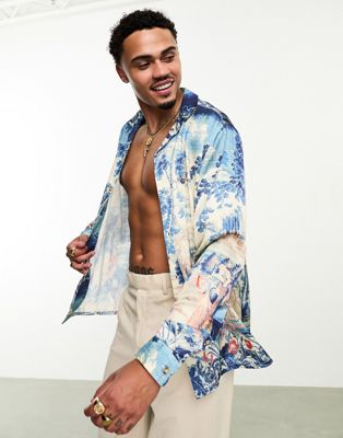 ASOS DESIGN relaxed revere satin shirt with placement print - ASOS Price Checker