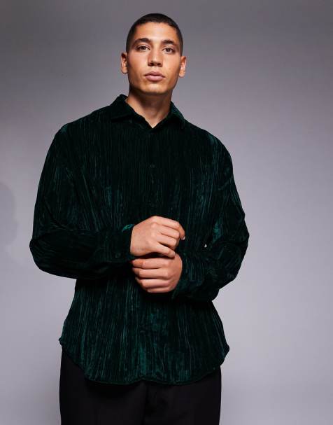 ASOS DESIGN - Chemise décontractée en velours effet froissé - Vert foncé - view 1
