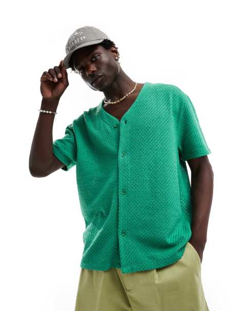 ASOS DESIGN - Chemise décontractée style baseball en maille texturée - Vert - view 1