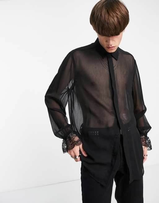 ASOS DESIGN - Chemise décontractée transparente avec poignets en dentelle - Noir , 2 de 4