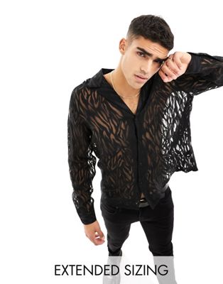 ASOS DESIGN relaxed deep revere sheer burnout zebra shirt in black - ASOS Price Checker