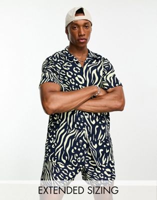 ASOS DESIGN co-ord revere shirt in navy zebra print - ASOS Price Checker
